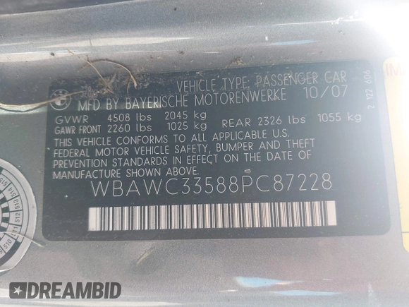 2008 BMW 3 Series 328xi with VIN WBAWC33588PC87228, listed as a IAAI auction lot 42136298 with 138,696 mi miles and . Bid and sale history available at DreamBid. Image 9.