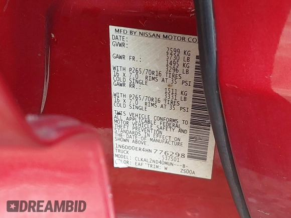 2017 Nissan Frontier Desert Runner with VIN 1N6DD0ER4HN776298, listed as a IAAI auction lot 42206817 with Not provided miles and . Bid and sale history available at DreamBid. Image 9.