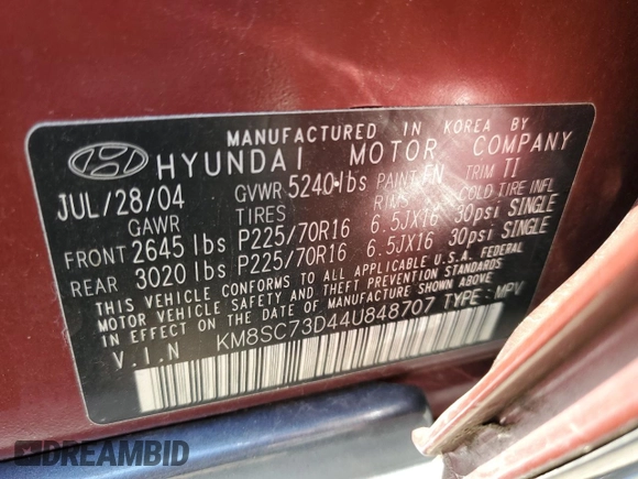 2004 Hyundai Santa Fe GLS with VIN KM8SC73D44U848707, listed as a Copart auction lot 54386875 with 133,299 mi miles and Salvage Title. Bid and sale history available at carsss.com. Image 12.
