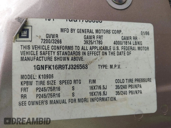1996 Chevrolet Suburban z VIN 1GNFK16R9TJ326563, wystawiony jako IAAI lot #42300678 z przebiegiem 211 224 mil mil oraz . Historia ofert i sprzedaży dostępna na DreamBid. Obrazek 9.