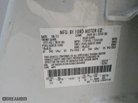 2013 Ford Edge SE with VIN 2FMDK3G93DBC80482, listed as a Copart auction lot 46877645 with 180,516 mi miles and Salvage Title. Bid and sale history available at carsss.com. Image 13.
