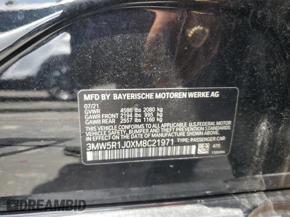 2021 BMW 3 Series 330i with VIN 3MW5R1J0XM8C21971, listed as a Copart auction lot 60659725 with 36,023 mi miles and Salvage title. Bid and sale history available at DreamBid. Image 12.