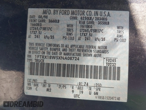 1999 Ford F-150 with VIN 1FTRX18W5XNA08724, listed as a IAAI auction lot 41484808 with Not provided miles and . Bid and sale history available at DreamBid. Image 9.