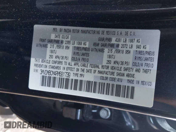 2024 Mazda CX-30 S Preferred z VIN 3MVDMBCM4RM681739, wystawiony jako IAAI lot #41788291 z przebiegiem 7 757 mil mil oraz . Historia ofert i sprzedaży dostępna na DreamBid. Obrazek 9.