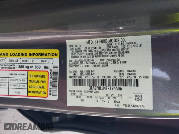2014 Ford Fusion SE Hybrid with VIN 3FA6P0LU4ER195506, listed as a IAAI auction lot 41859599 with 159,374 mi miles. Bid and sale history available at carsss.com. Image 9.