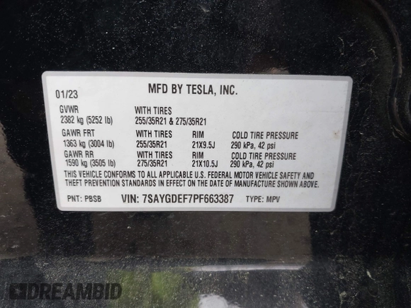 2023 Tesla Model Y Performance z VIN 7SAYGDEF7PF663387, wystawiony jako IAAI lot #42129258 z przebiegiem 42 691 mil mil oraz . Historia ofert i sprzedaży dostępna na DreamBid. Obrazek 9.