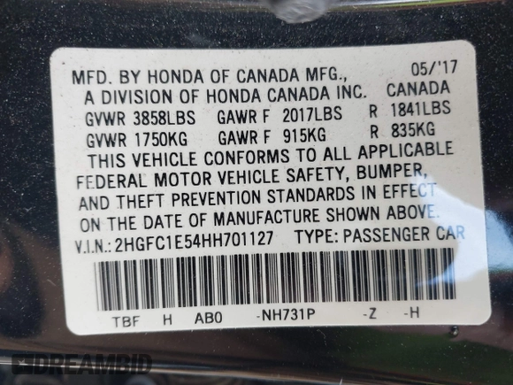2017 Honda Civic Sedan Si with VIN 2HGFC1E54HH701127, listed as a IAAI auction lot 41845336 with 140,150 mi miles. Bid and sale history available at carsss.com. Image 9.