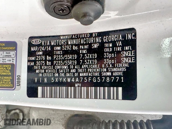 2015 Kia Sorento SX Limited with VIN 5XYKW4A75FG578771, listed as a Copart auction lot 56002285 with 174,497 mi miles and Clean Title. Bid and sale history available at carsss.com. Image 10.