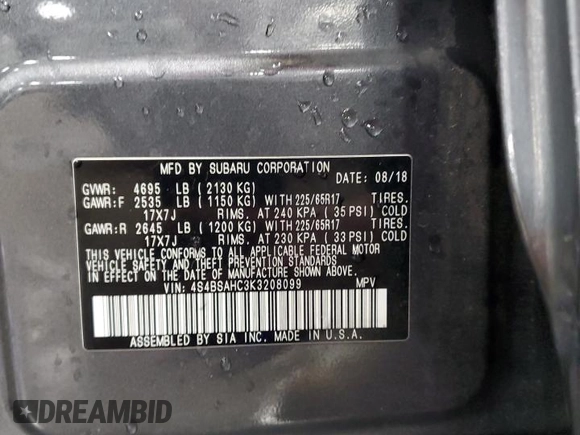 2019 Subaru Outback Premium with VIN 4S4BSAHC3K3208099, listed as a Copart auction lot 53633105 with 75,792 mi miles and Salvage Title. Bid and sale history available at DreamBid. Image 13.