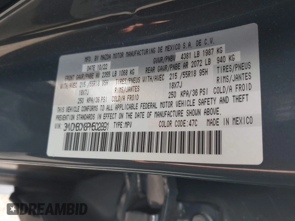 2023 Mazda CX-30 S Carbon Edition with VIN 3MVDMBCM8PM502891, listed as a IAAI auction lot 42050533 with 20,035 mi miles and . Bid and sale history available at DreamBid. Image 9.