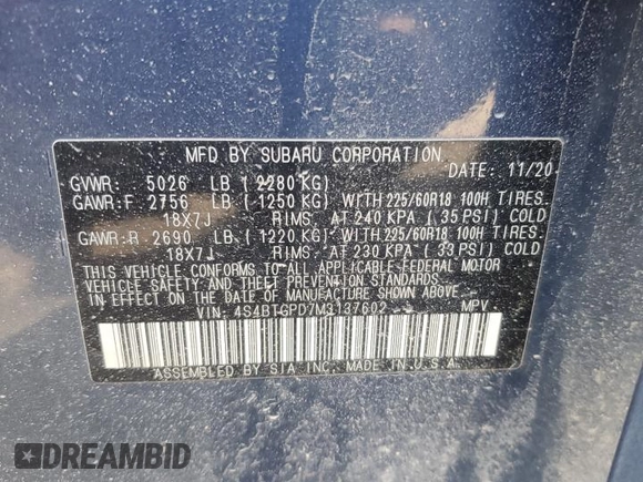 2021 Subaru Outback Touring XT with VIN 4S4BTGPD7M3137602, listed as a Copart auction lot 56303825 with 107,951 mi miles and Non repairable. Bid and sale history available at DreamBid. Image 13.