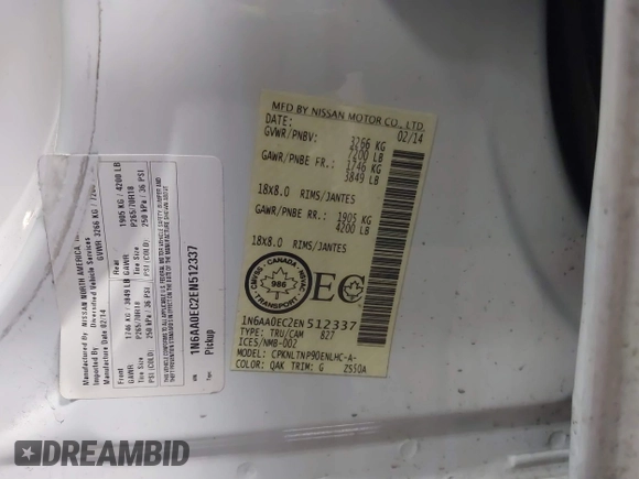 2014 Nissan Titan S with VIN 1N6AA0EC2EN512337, listed as a IAAI auction lot 41337837 with 187,540 mi miles and . Bid and sale history available at DreamBid. Image 9.