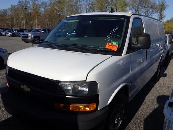 2019 Chevrolet Express Cargo Van with VIN 1GCWGAFG9K1326862, listed as a IAAI auction lot 42136988 with 149,841 mi miles. Bid and sale history available at carsss.com. Image 1.