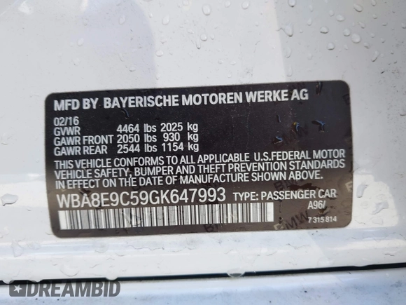 2016 BMW 3 Series 328i with VIN WBA8E9C59GK647993, listed as a IAAI auction lot 41953493 with 77,093 mi miles and . Bid and sale history available at DreamBid. Image 9.