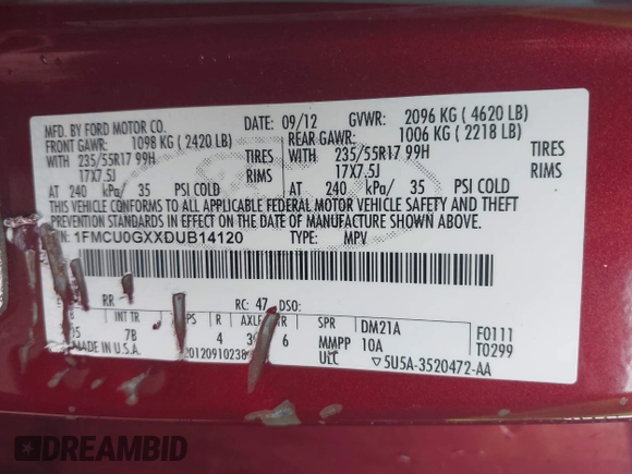 2013 Ford Escape SE with VIN 1FMCU0GXXDUB14120, listed as a IAAI auction lot 42060145 with 171,758 mi miles. Bid and sale history available at carsss.com. Image 9.