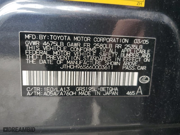 2006 Lexus GS 300 with VIN JTHCH96S660003611, listed as a Copart auction lot 52576795 with 175,555 mi miles and Salvage Title. Bid and sale history available at carsss.com. Image 12.