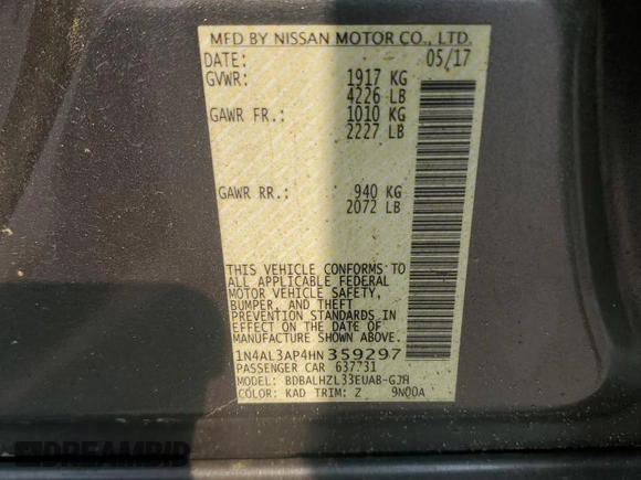 2017 Nissan Altima SR with VIN 1N4AL3AP4HN359297, listed as a Copart auction lot 59825345 with 82,862 mi miles and Salvage title. Bid and sale history available at DreamBid. Image 12.