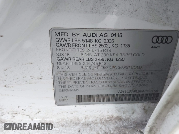 2015 Audi allroad Premium Plus with VIN WA1UFAFL8FA122156, listed as a IAAI auction lot 41345881 with 92,867 mi miles. Bid and sale history available at carsss.com. Image 9.
