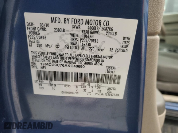 2010 Ford Escape XLS with VIN 1FMCU9C76AKC48690, listed as a Copart auction lot 51624475 with 139,702 mi miles and Non repairable. Bid and sale history available at DreamBid. Image 13.