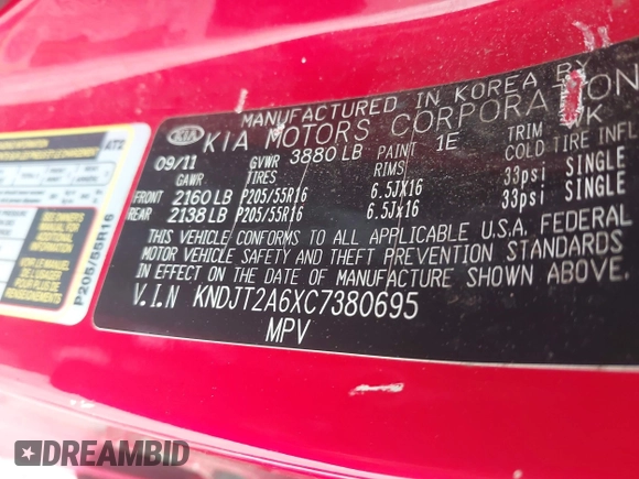 2012 Kia Soul + with VIN KNDJT2A6XC7380695, listed as a IAAI auction lot 42205681 with 183,523 mi miles and . Bid and sale history available at DreamBid. Image 9.