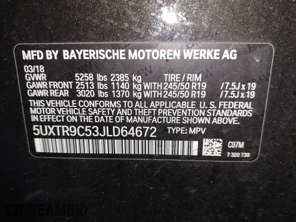 2018 BMW X3 xDrive30i with VIN 5UXTR9C53JLD64672, listed as a IAAI auction lot 41195339 with 107,163 mi miles and . Bid and sale history available at DreamBid. Image 9.