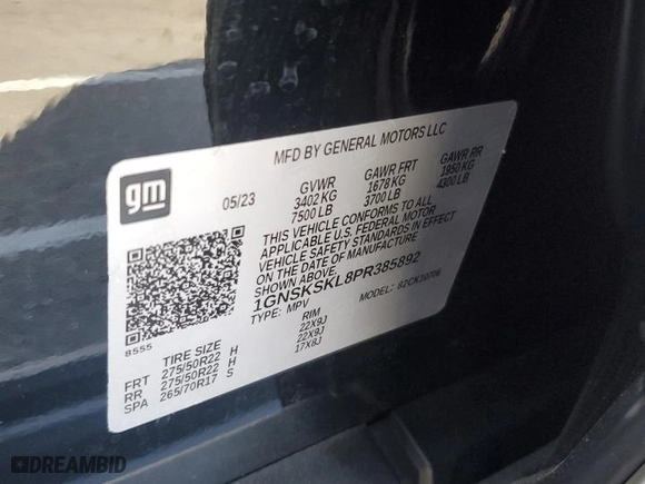 2023 Chevrolet Tahoe Premier with VIN 1GNSKSKL8PR385892, listed as a Copart auction lot 86148444 with 12,865 mi miles and Salvage Title. Bid and sale history available at carsss.com. Image 12.