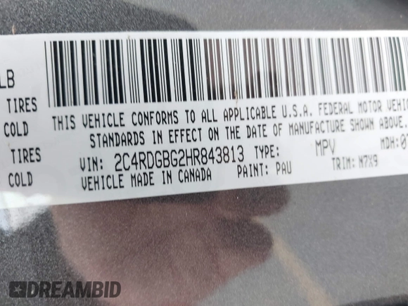 2017 Dodge Grand Caravan SE with VIN 2C4RDGBG2HR843813, listed as a IAAI auction lot 41829393 with 62,387 mi miles and . Bid and sale history available at DreamBid. Image 9.