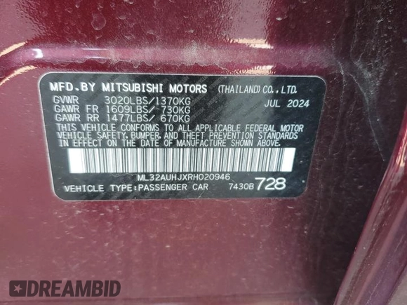 2024 Mitsubishi Mirage ES with VIN ML32AUHJXRH020946, listed as a Copart auction lot 62017295 with Not provided miles and Non repairable. Bid and sale history available at DreamBid. Image 12.