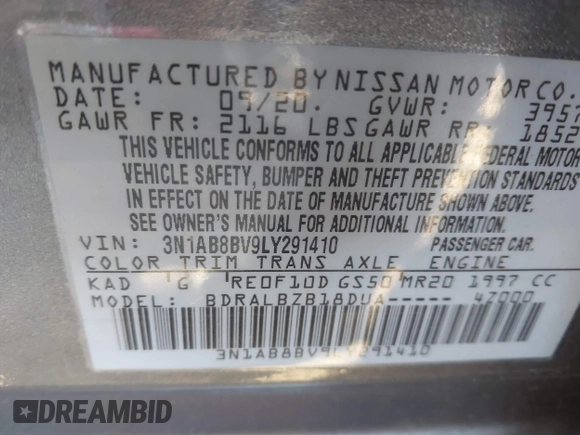 2020 Nissan Sentra S with VIN 3N1AB8BV9LY291410, listed as a IAAI auction lot 40956651 with 78,077 mi miles and . Bid and sale history available at DreamBid. Image 9.