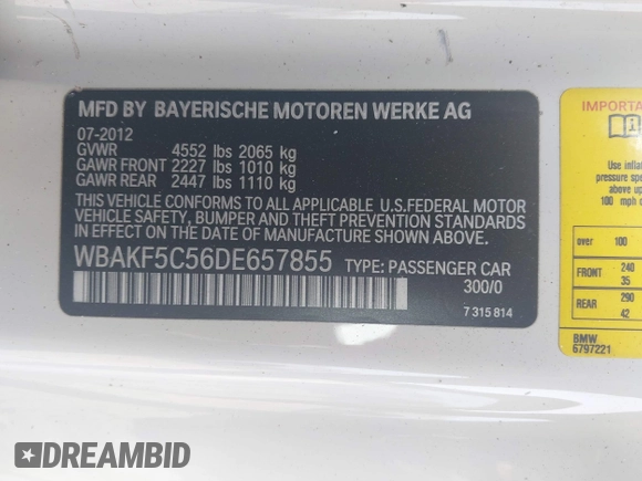 2013 BMW 3 Series 328i xDrive with VIN WBAKF5C56DE657855, listed as a IAAI auction lot 41441799 with 107,581 mi miles. Bid and sale history available at carsss.com. Image 9.