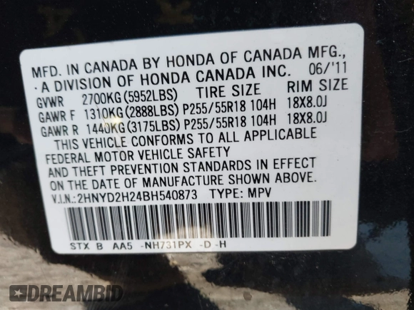 2011 Acura MDX with VIN 2HNYD2H24BH540873, listed as a IAAI auction lot 41451587 with 188,326 mi miles. Bid and sale history available at carsss.com. Image 9.