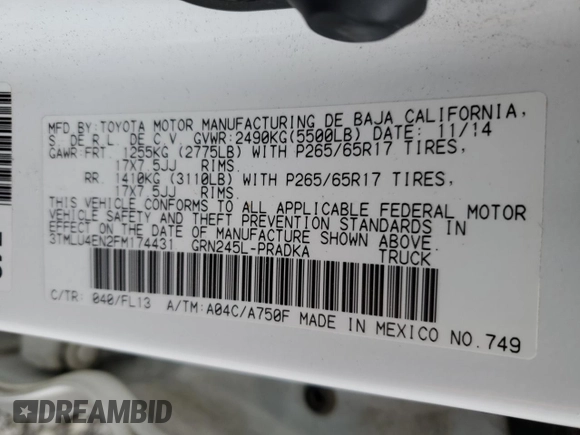 2015 Toyota Tacoma with VIN 3TMLU4EN2FM174431, listed as a Copart auction lot 50756285 with 94,739 mi miles and Salvage title. Bid and sale history available at DreamBid. Image 14.