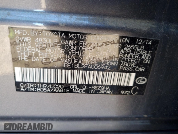 2015 Lexus GS 350 with VIN JTHBE1BL2FA006942, listed as a Copart auction lot 72803793 with 74,592 mi miles. Bid and sale history available at carsss.com. Image 12.