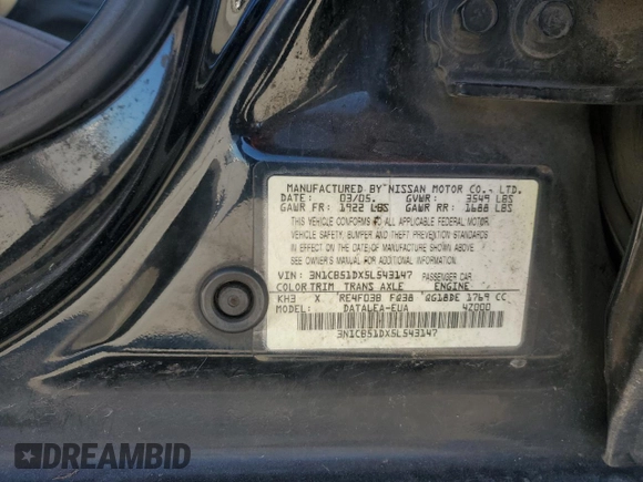 2005 Nissan Sentra S z VIN 3N1CB51DX5L543147, wystawiony jako Copart lot #87373924 z przebiegiem 246 922 mil mil oraz Szkoda całkowita • Salvage title. Historia ofert i sprzedaży dostępna na DreamBid. Obrazek 12.