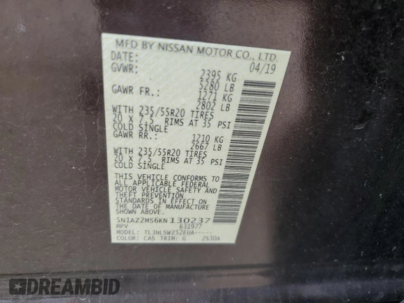 2019 Nissan Murano Platinum z VIN 5N1AZ2MS6KN130237, wystawiony jako Copart lot #84063734 z przebiegiem 56 030 mil mil oraz Szkoda całkowita • Salvage title. Historia ofert i sprzedaży dostępna na DreamBid. Obrazek 13.