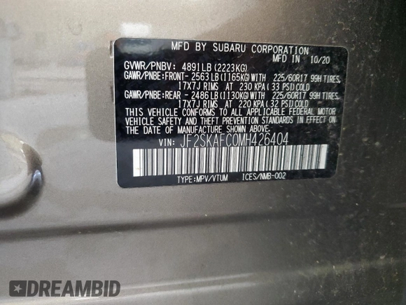 2021 Subaru Forester Premium with VIN JF2SKAFC0MH426404, listed as a Copart auction lot 63286055 with 86,993 mi miles and Salvage title. Bid and sale history available at DreamBid. Image 14.