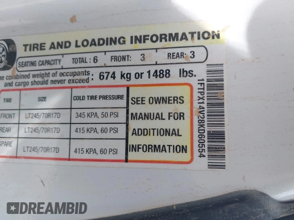 2008 Ford F-150 XLT with VIN 1FTPX14V28KD60554, listed as a IAAI auction lot 42709988 with 284,363 mi miles and . Bid and sale history available at DreamBid. Image 9.