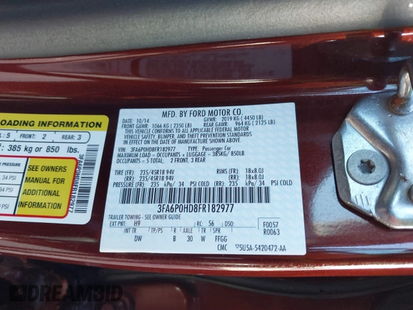 2015 Ford Fusion SE with VIN 3FA6P0HD8FR182977, listed as a IAAI auction lot 41758864 with 82,399 mi miles. Bid and sale history available at carsss.com. Image 9.