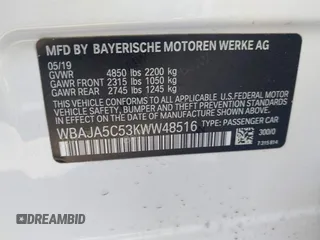 2019 BMW 5 Series 530i z VIN WBAJA5C53KWW48516, wystawiony jako IAAI lot #41524190 z przebiegiem 62 280 mil mil oraz . Historia ofert i sprzedaży dostępna na DreamBid. Obrazek 9.