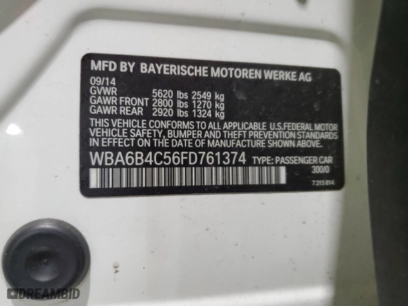 2015 BMW 6 Series 650i xDrive with VIN WBA6B4C56FD761374, listed as a Copart auction lot 41599334 with 63,057 mi miles and Salvage Title. Bid and sale history available at carsss.com. Image 14.