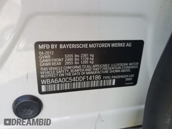 2013 BMW 6 Series 640i with VIN WBA6A0C54DDF14186, listed as a Copart auction lot 70901794 with 115,304 mi miles and Salvage Title. Bid and sale history available at DreamBid. Image 12.