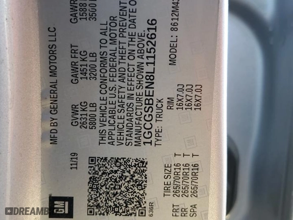 2020 Chevrolet Colorado 2WD Work Truck with VIN 1GCGSBEN8L1152616, listed as a Copart auction lot 88344685 with 0 mi miles and Salvage Title. Bid and sale history available at carsss.com. Image 12.