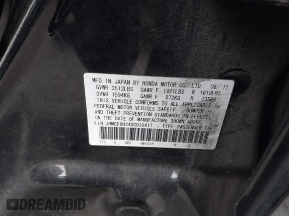 2013 Honda Fit with VIN JHMGE8H34DC010417, listed as a IAAI auction lot 42030083 with 108,249 mi miles. Bid and sale history available at carsss.com. Image 9.