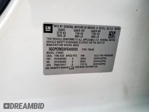 2015 Chevrolet Silverado 1500 LT with VIN 3GCPCREC6FG430293, listed as a Copart auction lot 51074005 with 82,945 mi miles and Salvage Title. Bid and sale history available at DreamBid. Image 12.