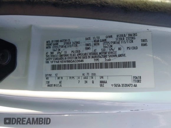 2011 Ford Econoline Cargo Commercial with VIN 1FTNE1EW5BDA33646, listed as a IAAI auction lot 41445228 with 120,594 mi miles and . Bid and sale history available at DreamBid. Image 9.