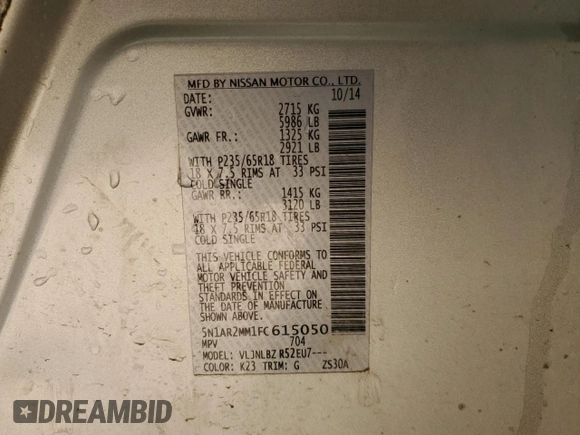 2015 Nissan Pathfinder S with VIN 5N1AR2MM1FC615050, listed as a Copart auction lot 56037175 with 159,145 mi miles and Clean title. Bid and sale history available at DreamBid. Image 14.