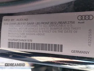 2017 Audi A6 Premium z VIN WAUF8AFC5HN061978, wystawiony jako IAAI lot #41424637 z przebiegiem 168 434 mil mil oraz . Historia ofert i sprzedaży dostępna na DreamBid. Obrazek 9.