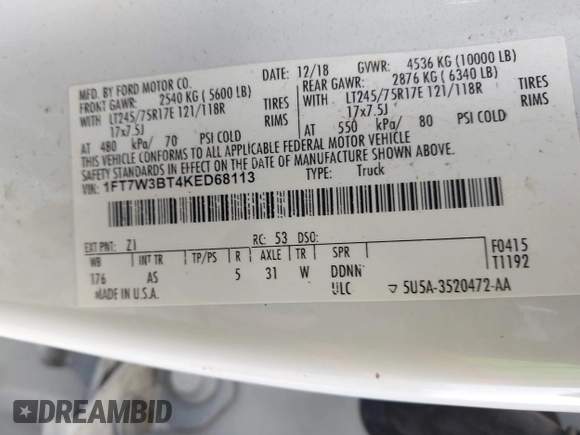 2019 Ford F-350 Platinum with VIN 1FT7W3BT4KED68113, listed as a IAAI auction lot 42420899 with 240,939 mi miles and . Bid and sale history available at DreamBid. Image 9.