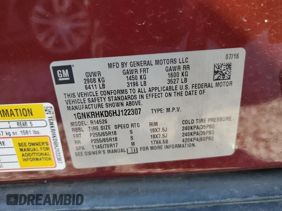 2017 Chevrolet Traverse LT with VIN 1GNKRHKD6HJ122307, listed as a Copart auction lot 77060244 with 155,965 mi miles and Salvage Title. Bid and sale history available at DreamBid. Image 12.