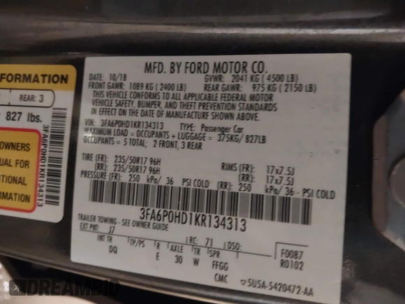 2019 Ford Fusion SE with VIN 3FA6P0HD1KR134313, listed as a IAAI auction lot 41024340 with 134,381 mi miles. Bid and sale history available at carsss.com. Image 9.